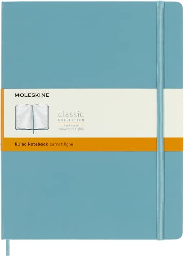 Moleskine - Cuaderno Clásico con Hojas Rayadas, Tapa Dura y Cierre Elástico, Color Azul Arrecife, Tamaño Extra Grande 19 x 25 cm, 192 Hojas