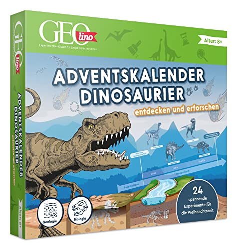 FRANZIS GEOlino 67205 - Calendario de Adviento para descubrir y explorar dinosaurios, 24 emocionantes experimentos para la temporada navideña, para niños a partir de 8 años